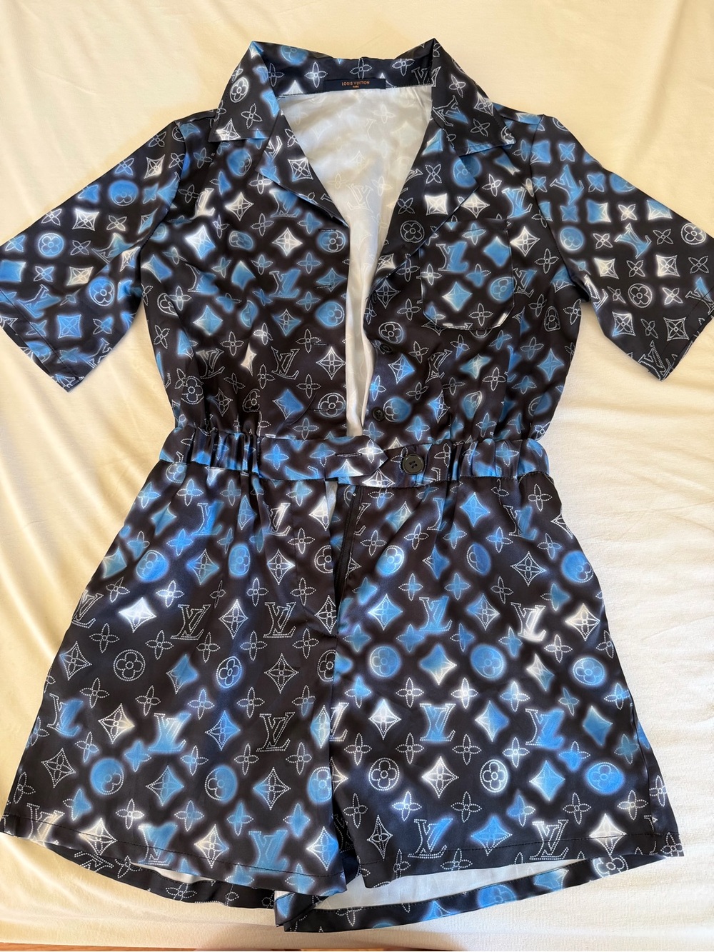 Louis Vuitton Black, Blue & White Monogram Satin Romper